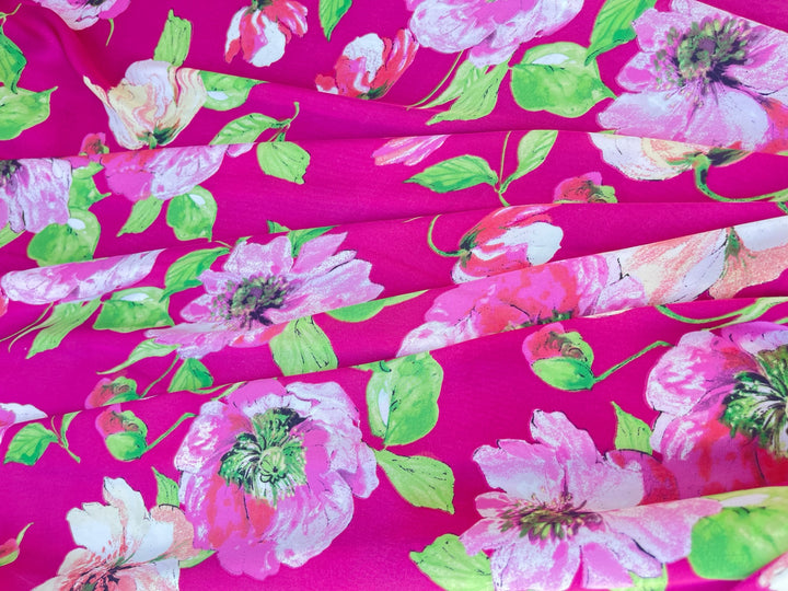 Lightweight satin fabric by the yard - Hot pink poppy floral