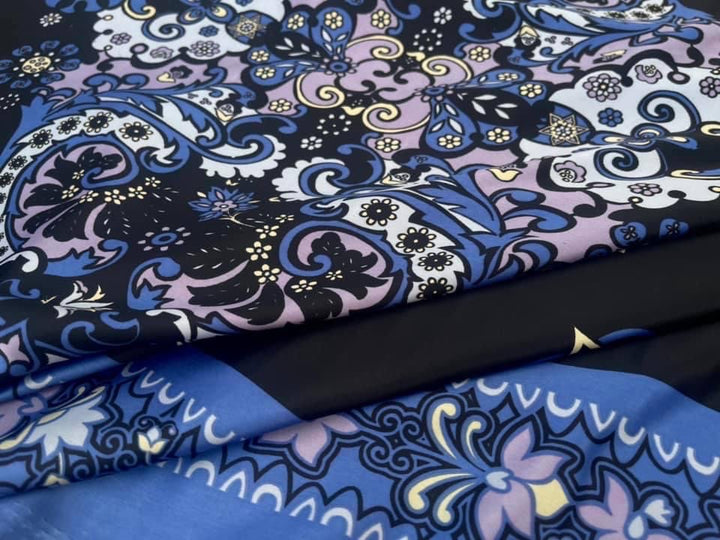 Charmeuse satin fabric by the yard -  Navy white black border print