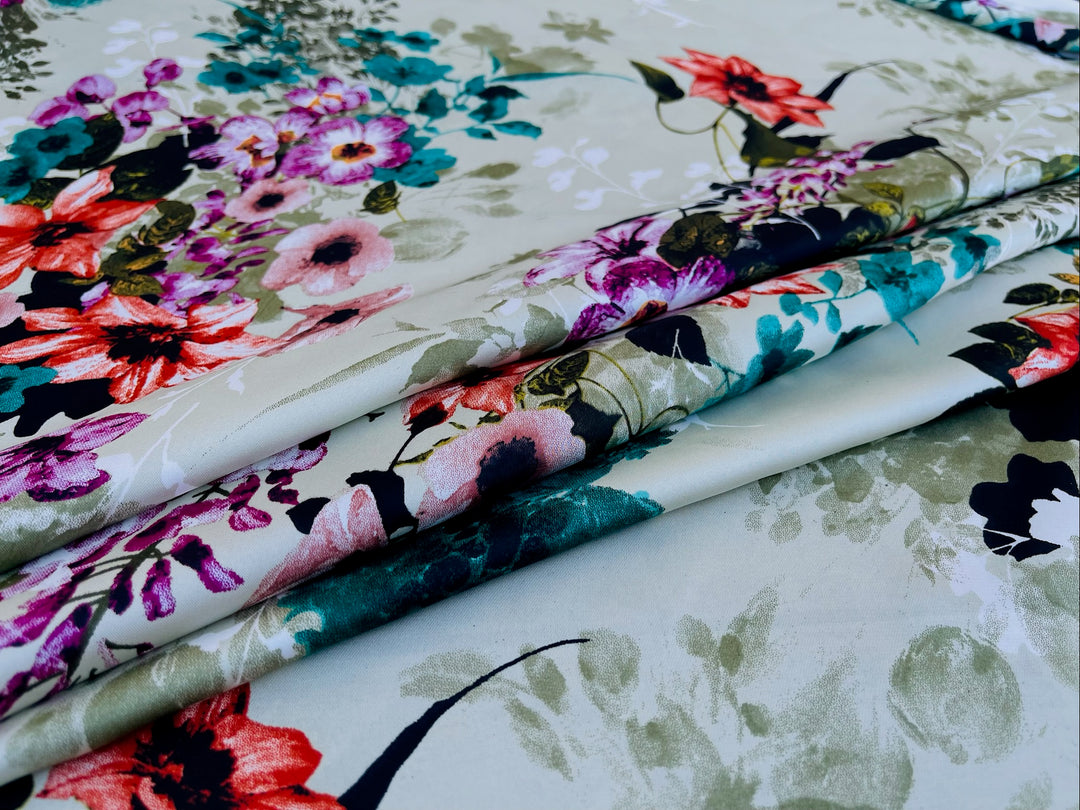 Lightweight  satin fabric by the yard - multicolor floral on sage background