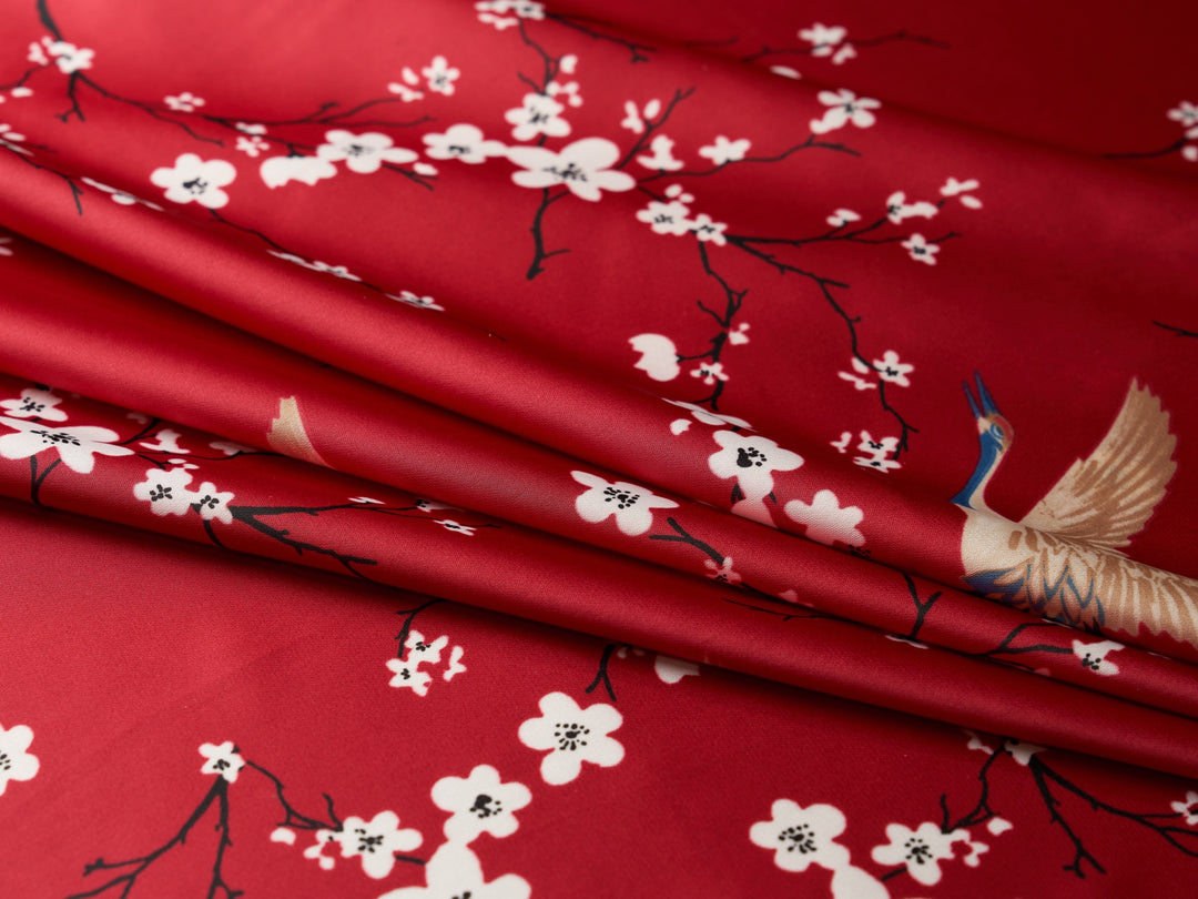 Lightweight  satin fabric by the yard - Red and white beautiful floral print