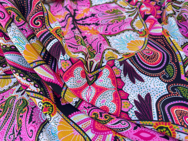 Peachskin  fabric by the yard - pink blue orange green and yellow floral paisley