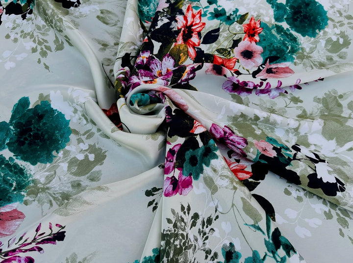 Lightweight  satin fabric by the yard - multicolor floral on sage background