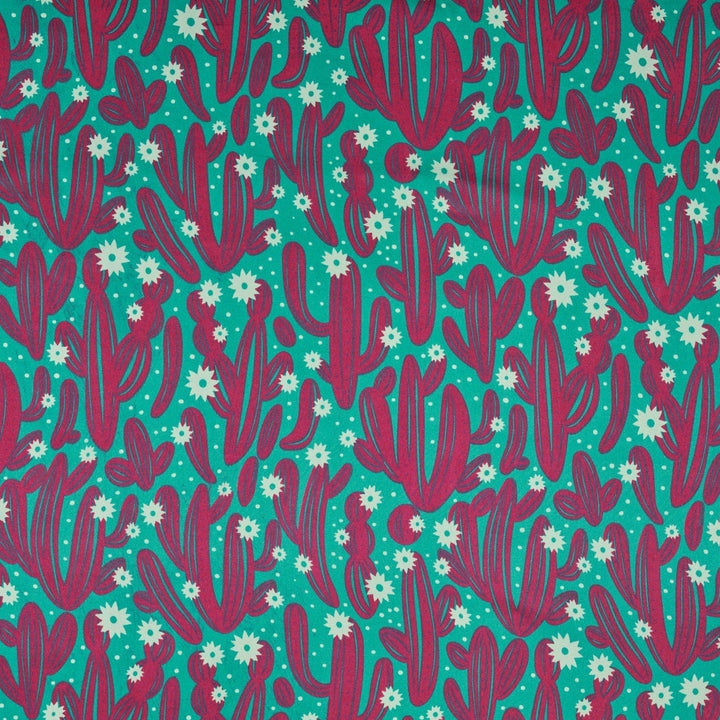 Charmeuse Satin print fabric by the yard - Cactus and dainty flowers - western print