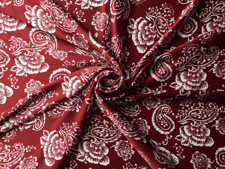 Paisley charmeuse satin fabric by the yard -  Burgundy floral paisley