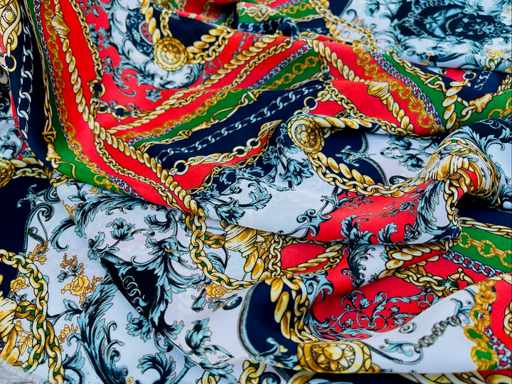 Lightweight Satin fabric by the yard - Navy, green, red and gold chain  print