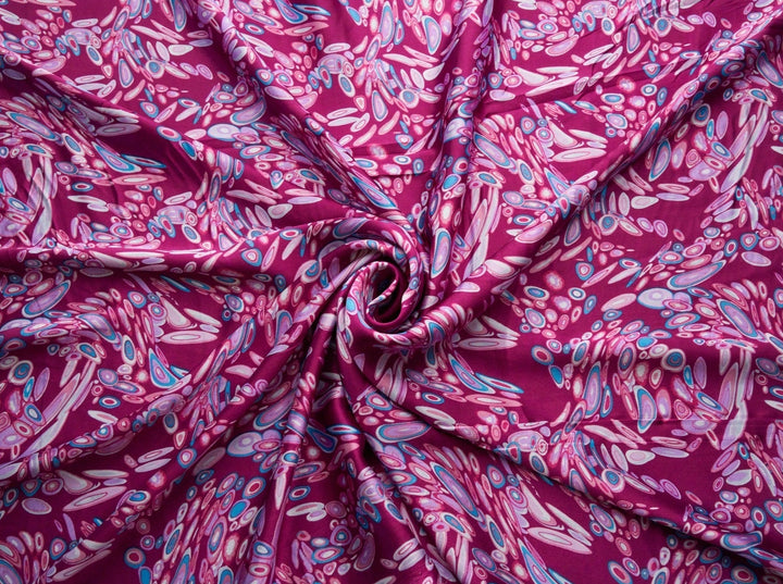 Faux silk charmeuse satin fabric by the yard - pink and blue circle pattern