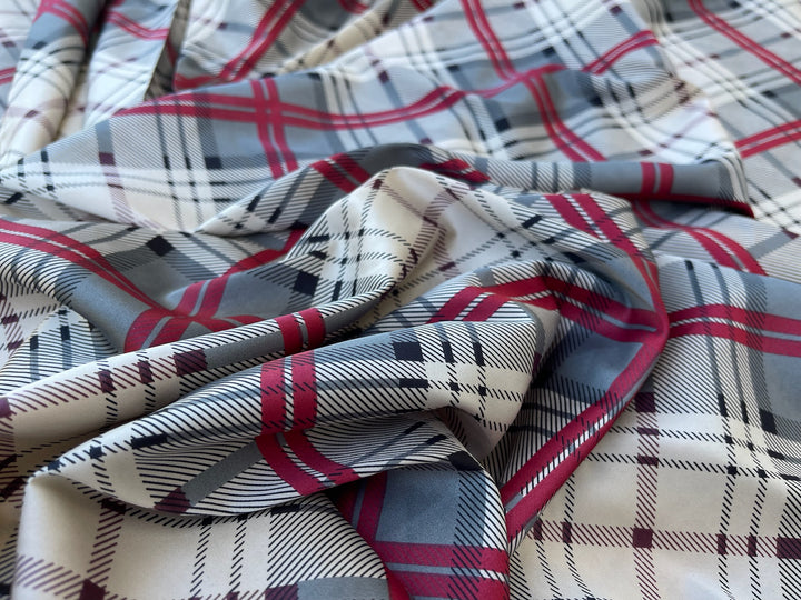 Lightweight stretch satin fabric by the yard -  gray red white plaid print