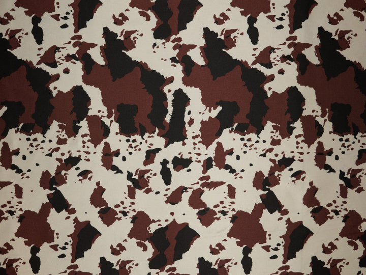 Charmeuse satin fabric by the yard - Black burgundy off white cow animal print