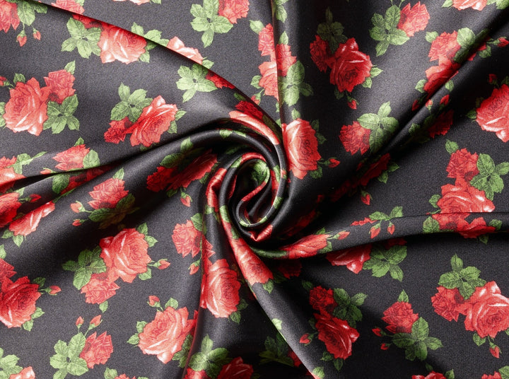 Charmeuse Satin fabric by the yard - Black and red rose floral print