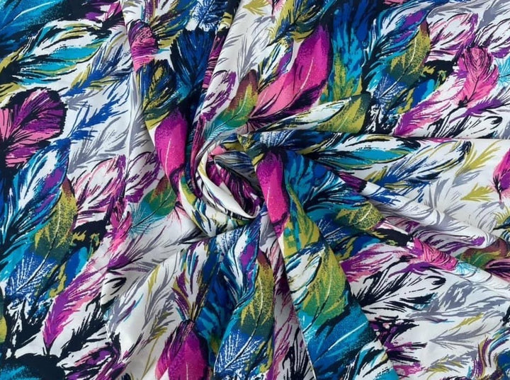 Crepe de Chine fabric by the yard -purple blue and green feather print