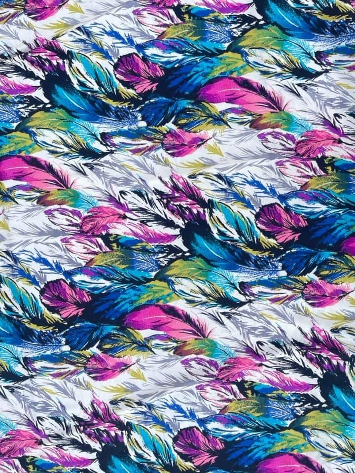 Crepe de Chine fabric by the yard -purple blue and green feather print