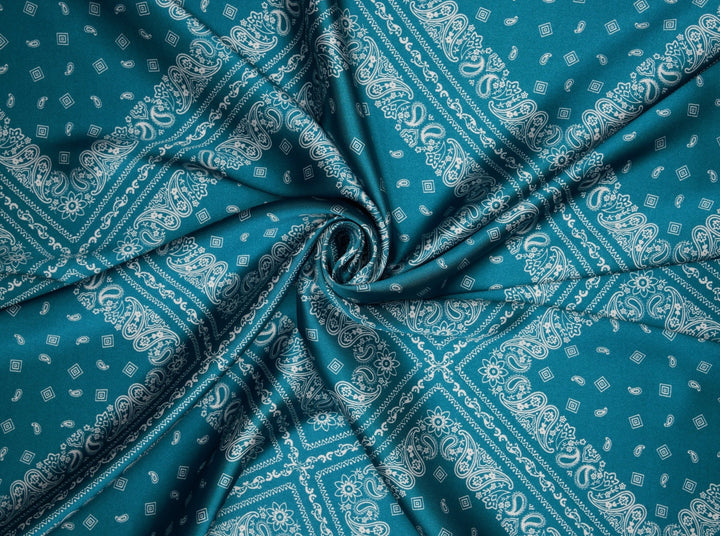 Charmeuse satin fabric by the yard - Turquoise Bandana Print