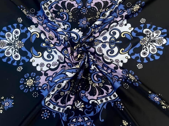 Charmeuse satin fabric by the yard -  Navy white black border print