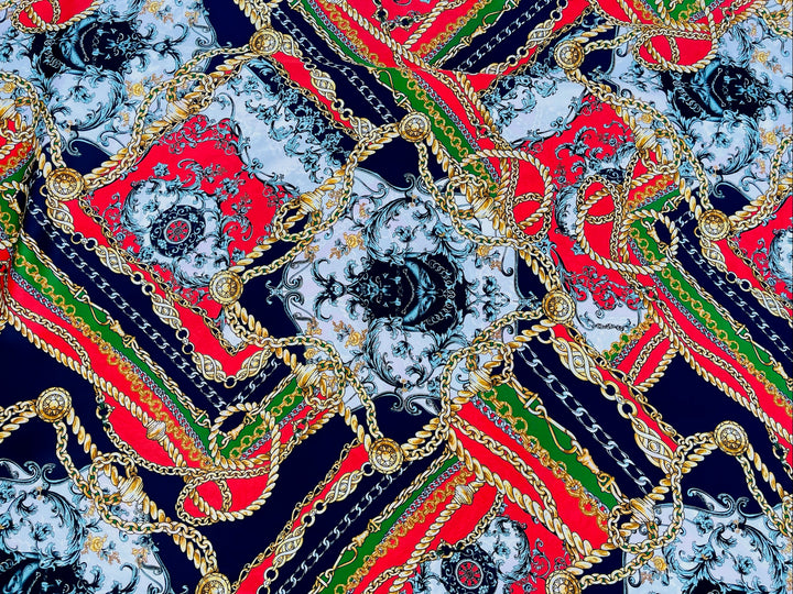 Lightweight Satin fabric by the yard - Navy, green, red and gold chain  print