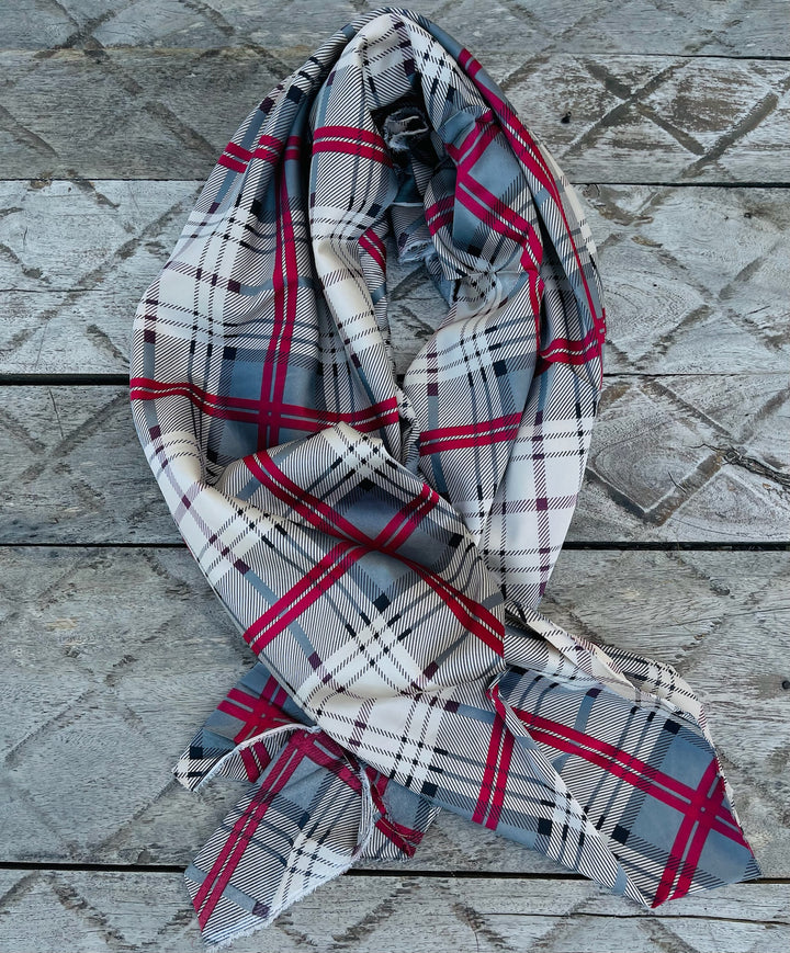 Lightweight stretch satin fabric by the yard -  gray red white plaid print