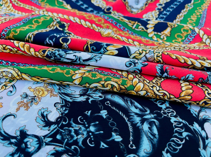 Lightweight Satin fabric by the yard - Navy, green, red and gold chain  print