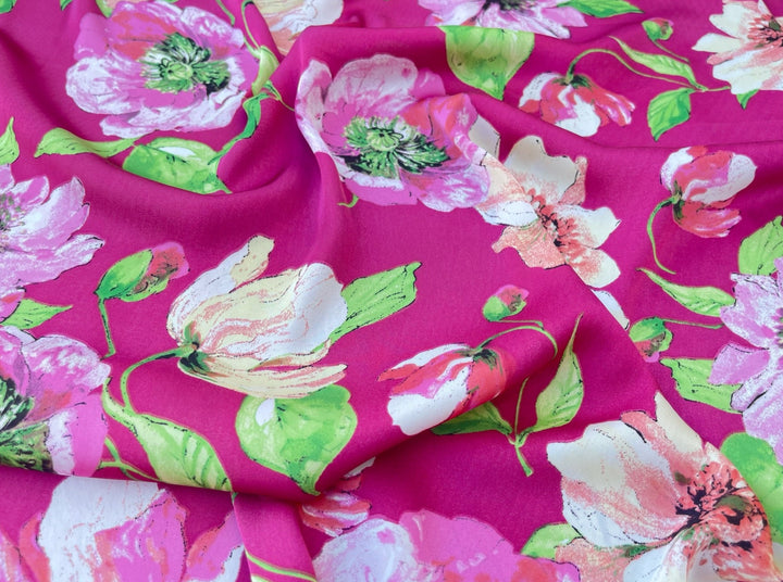 Lightweight satin fabric by the yard - Hot pink poppy floral