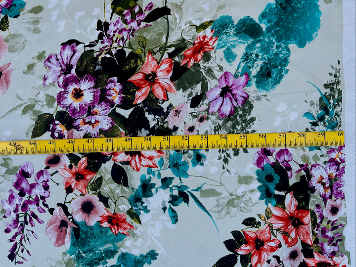 Lightweight  satin fabric by the yard - multicolor floral on sage background