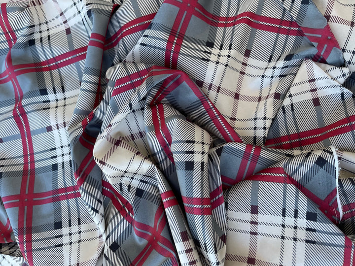 Lightweight stretch satin fabric by the yard -  gray red white plaid print