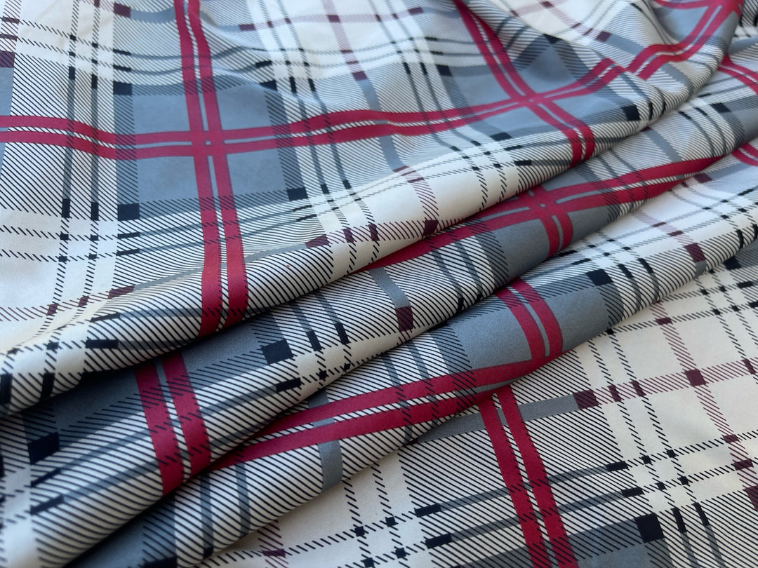 Lightweight stretch satin fabric by the yard -  gray red white plaid print