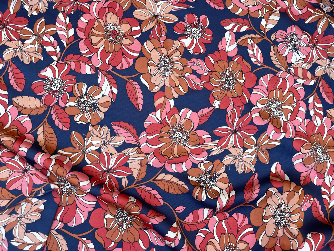 Lightweight  satin fabric by the yard - Navy floral