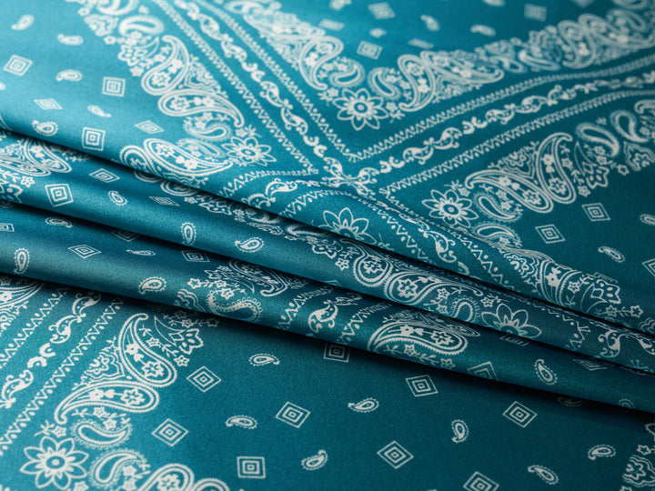 Charmeuse satin fabric by the yard - Turquoise Bandana Print