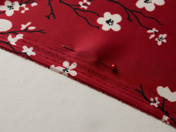 Lightweight  satin fabric by the yard - Red and white beautiful floral print