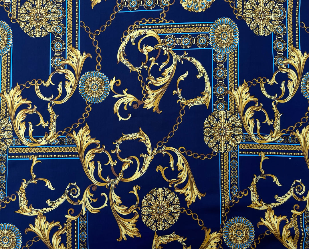 Faux silk charmeuse satin fabric by the yard - Blue floral and gold chains print